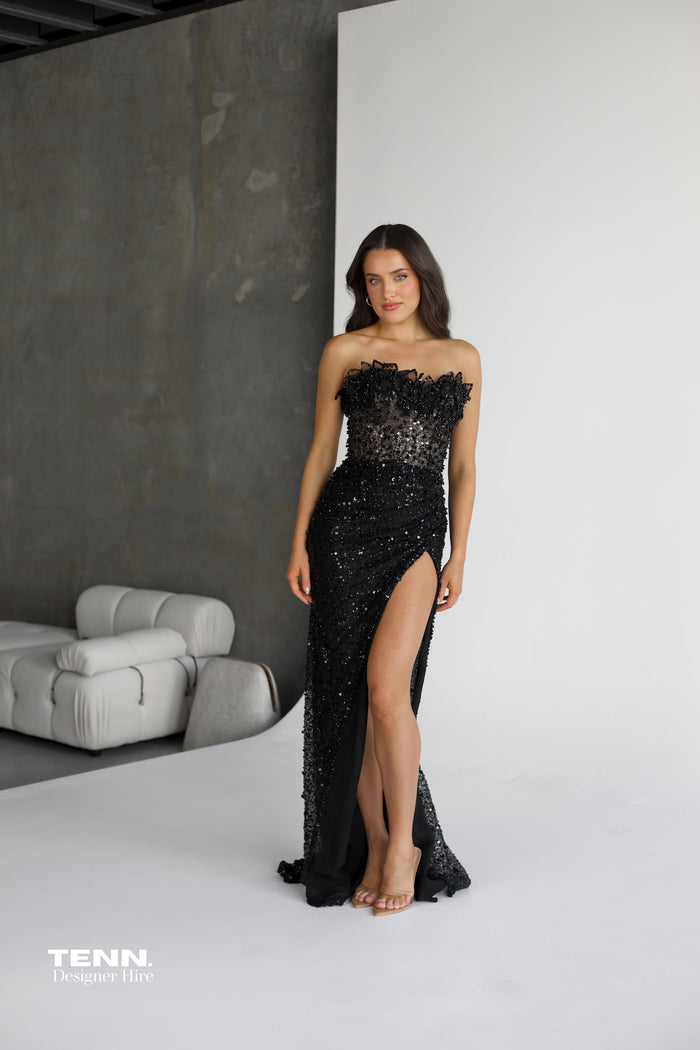 Albina Dyla Imperial Black Leaf Gown For Hire – Handmade Formal Dress With Corset Bodice, Thigh Slit, Detachable Sleeves, And Embellished Leaf Sequins