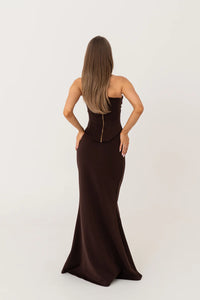 HNTR The Label Louie Gown in brown – strapless two-piece gown with longline corset and body-hugging maxi skirt. Hire from Tenn Designer Hire.