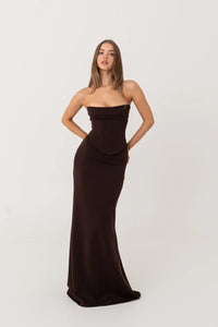 HNTR The Label Louie Gown in brown – strapless two-piece gown with longline corset and body-hugging maxi skirt. Hire from Tenn Designer Hire.