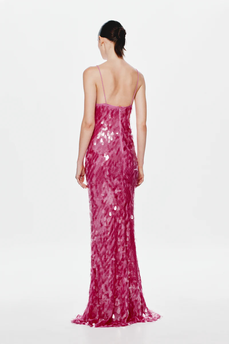 Misha Collection Sapphire Sequin Maxi Dress in fuchsia – sequin-covered gown with plunging neckline, low back, and chic maxi silhouette. Hire from Tenn Designer Hire.