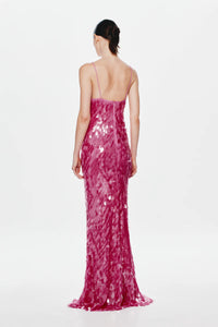 Misha Collection Sapphire Sequin Maxi Dress in fuchsia – sequin-covered gown with plunging neckline, low back, and chic maxi silhouette. Hire from Tenn Designer Hire.