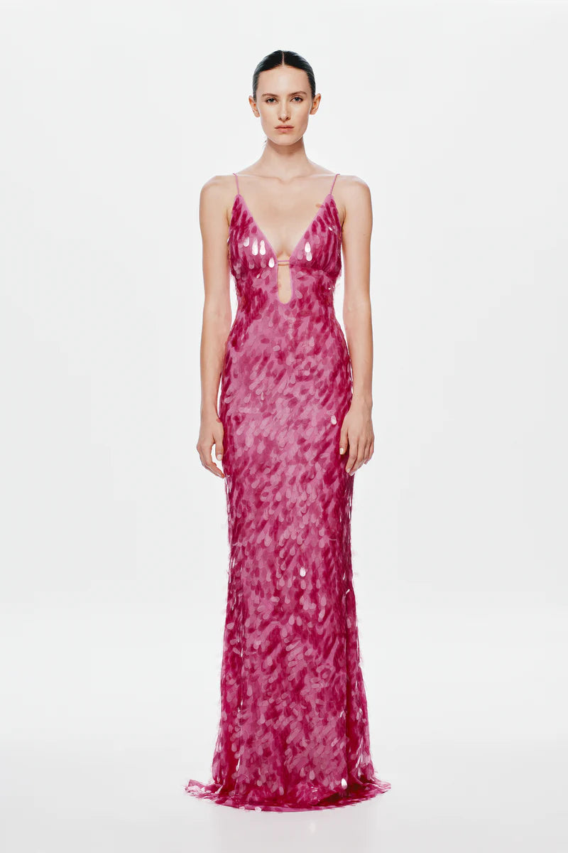 Misha Collection Sapphire Sequin Maxi Dress in fuchsia – sequin-covered gown with plunging neckline, low back, and chic maxi silhouette. Hire from Tenn Designer Hire.