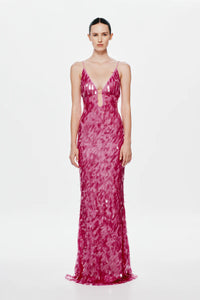 Misha Collection Sapphire Sequin Maxi Dress in fuchsia – sequin-covered gown with plunging neckline, low back, and chic maxi silhouette. Hire from Tenn Designer Hire.