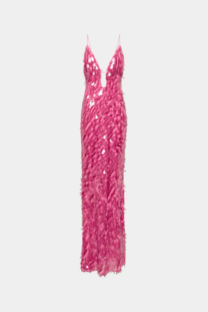 Misha Collection Sapphire Sequin Maxi Dress in fuchsia – sequin-covered gown with plunging neckline, low back, and chic maxi silhouette. Hire from Tenn Designer Hire.