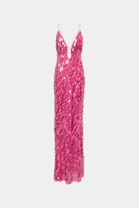 Misha Collection Sapphire Sequin Maxi Dress in fuchsia – sequin-covered gown with plunging neckline, low back, and chic maxi silhouette. Hire from Tenn Designer Hire.