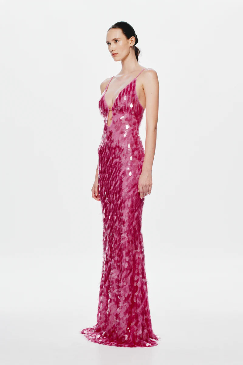 Misha Collection Sapphire Sequin Maxi Dress in fuchsia – sequin-covered gown with plunging neckline, low back, and chic maxi silhouette. Hire from Tenn Designer Hire.