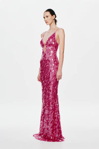 Misha Collection Sapphire Sequin Maxi Dress in fuchsia – sequin-covered gown with plunging neckline, low back, and chic maxi silhouette. Hire from Tenn Designer Hire.