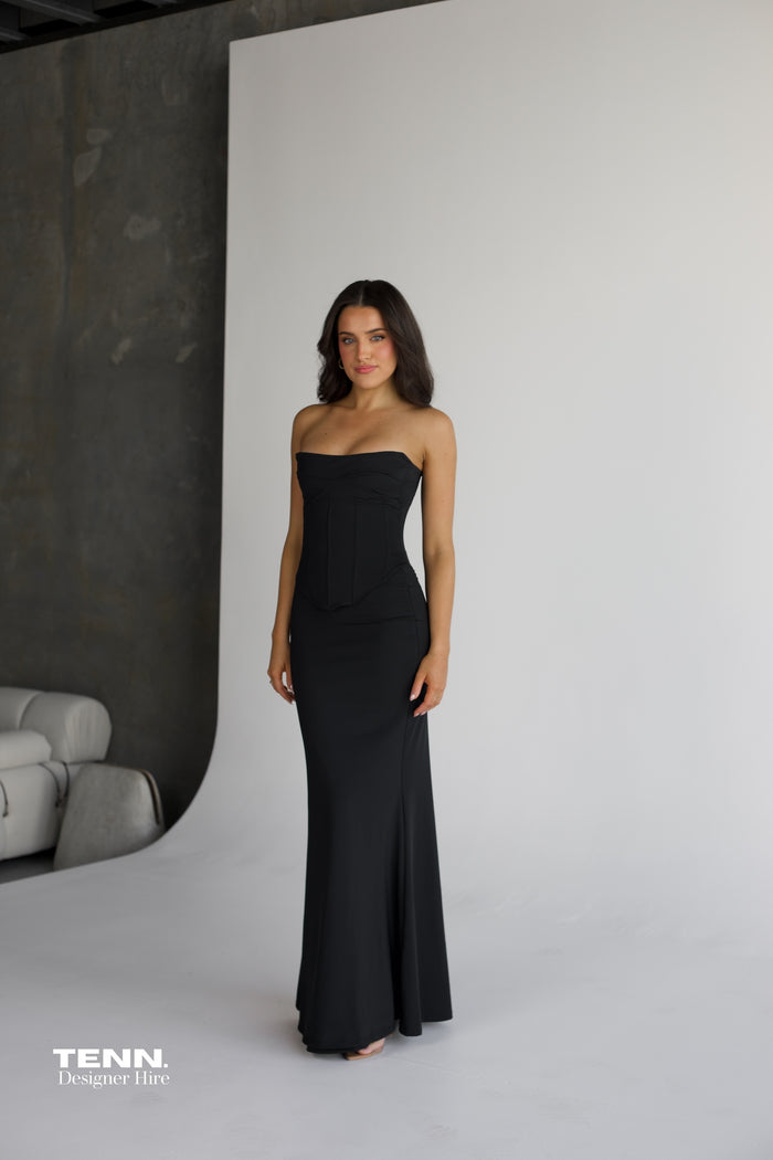 HNTR The Label Louie Gown In Black For Hire – Two-Piece Strapless Gown With Longline Corset And Body Hugging Maxi Skirt