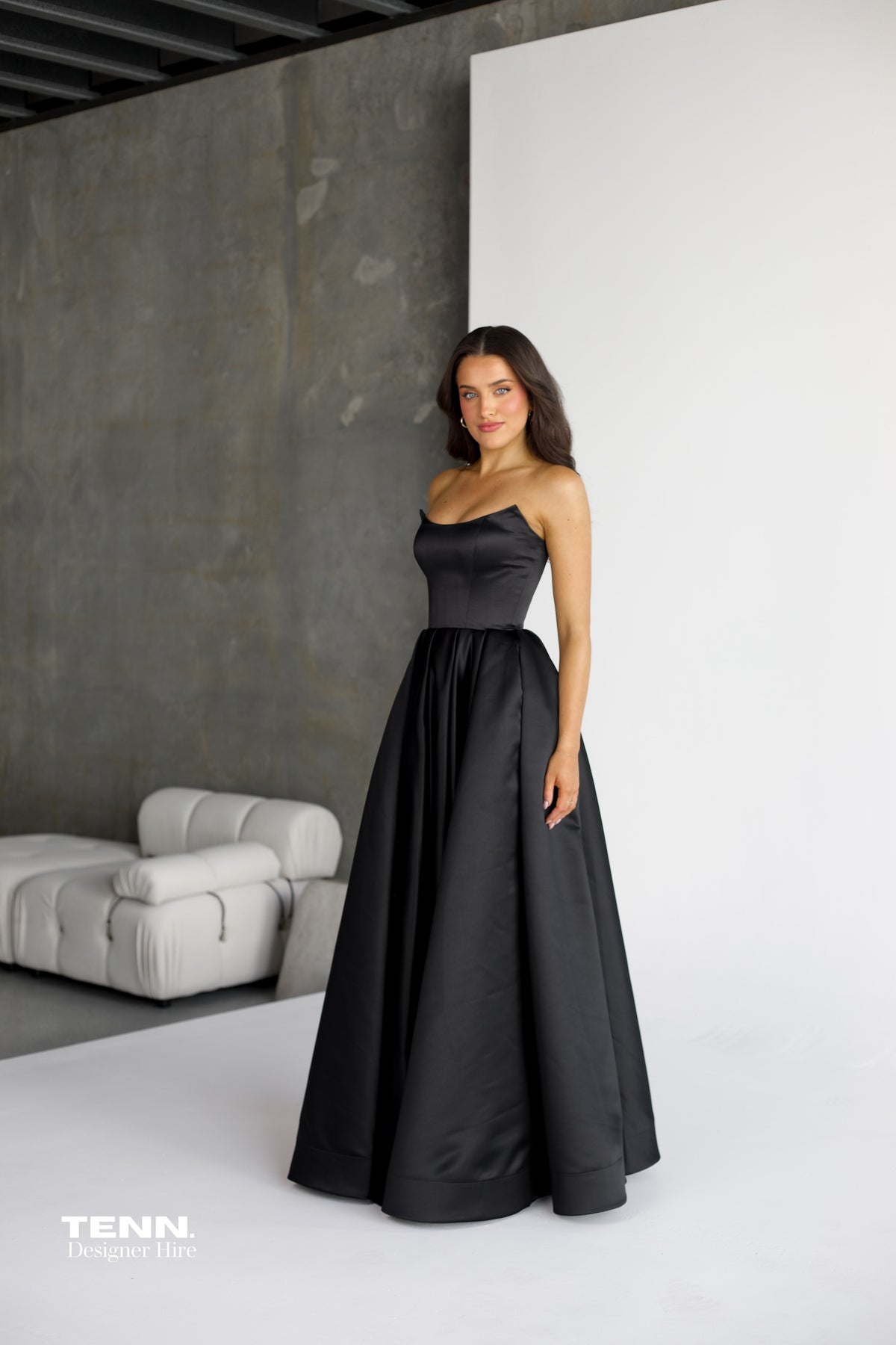 Lia Stublla Alessia Black Gown For Hire – Formal Ball Gown With Boned Corset, Lace-Up Back, And Thigh-High Split.