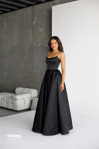 Lia Stublla Alessia Black Gown For Hire – Formal Ball Gown With Boned Corset, Lace-Up Back, And Thigh-High Split.