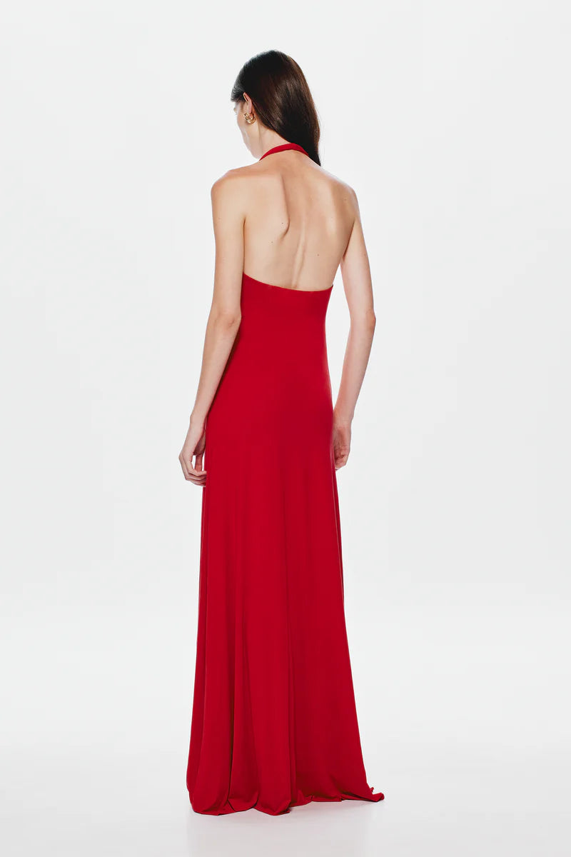 Misha Collection Jennifer Cupro Maxi Dress Hire – Plunging Halter Neckline with Gathering Detail in a Sleek Silhouette.