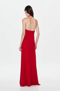 Misha Collection Jennifer Cupro Maxi Dress Hire – Plunging Halter Neckline with Gathering Detail in a Sleek Silhouette.