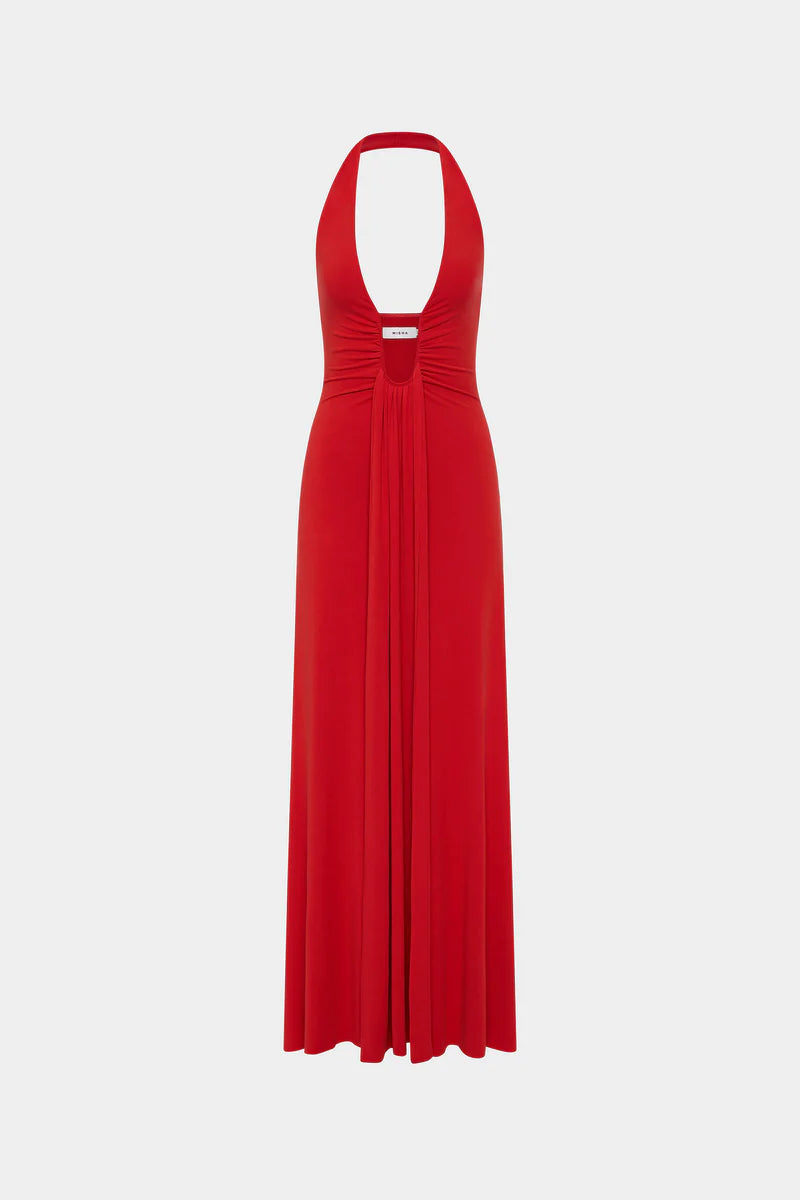 Misha Collection Jennifer Cupro Maxi Dress Hire – Plunging Halter Neckline with Gathering Detail in a Sleek Silhouette.