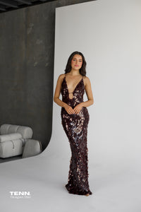 Misha Collection Sapphire Sequin Fig Maxi Dress – Plunging Neckline, Low Back, And Sparkling Sequin Formal Gown.