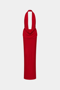 Misha Collection Vanessa Jersey Dress Hire in red – jersey gown with plunging cowl neckline, ruched waist, and low open back."