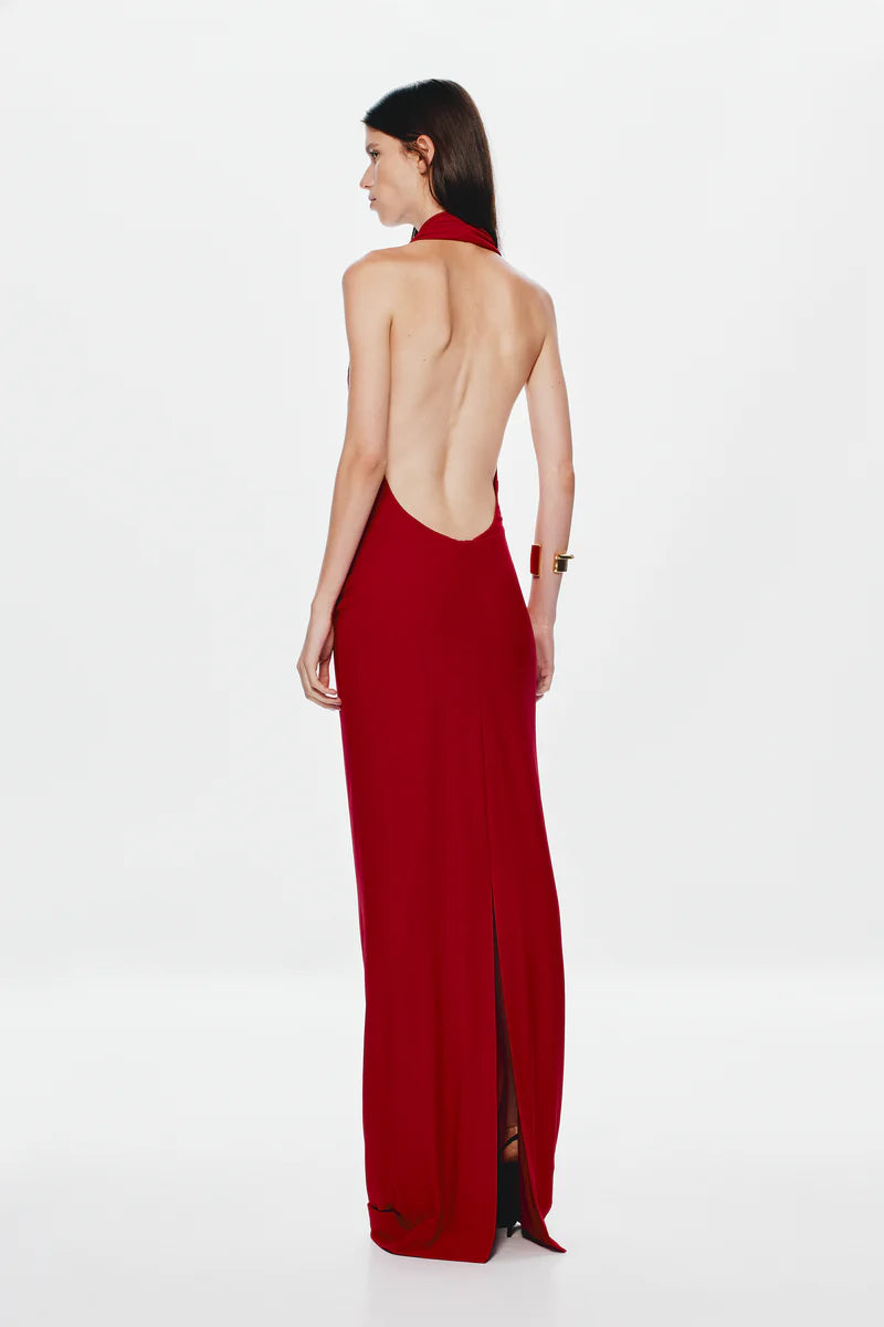 Misha Collection Vanessa Jersey Dress Hire in red – jersey gown with plunging cowl neckline, ruched waist, and low open back.