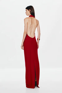 Misha Collection Vanessa Jersey Dress Hire in red – jersey gown with plunging cowl neckline, ruched waist, and low open back.