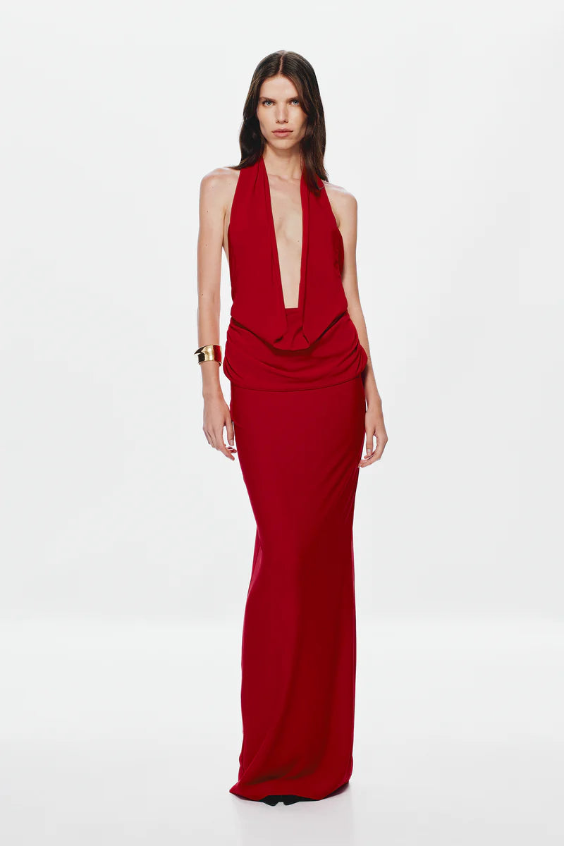 Misha Collection Vanessa Jersey Dress Hire in red – jersey gown with plunging cowl neckline, ruched waist, and low open back.