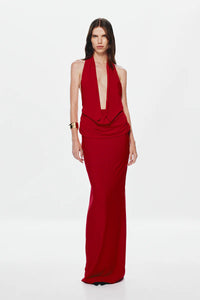 Misha Collection Vanessa Jersey Dress Hire in red – jersey gown with plunging cowl neckline, ruched waist, and low open back.