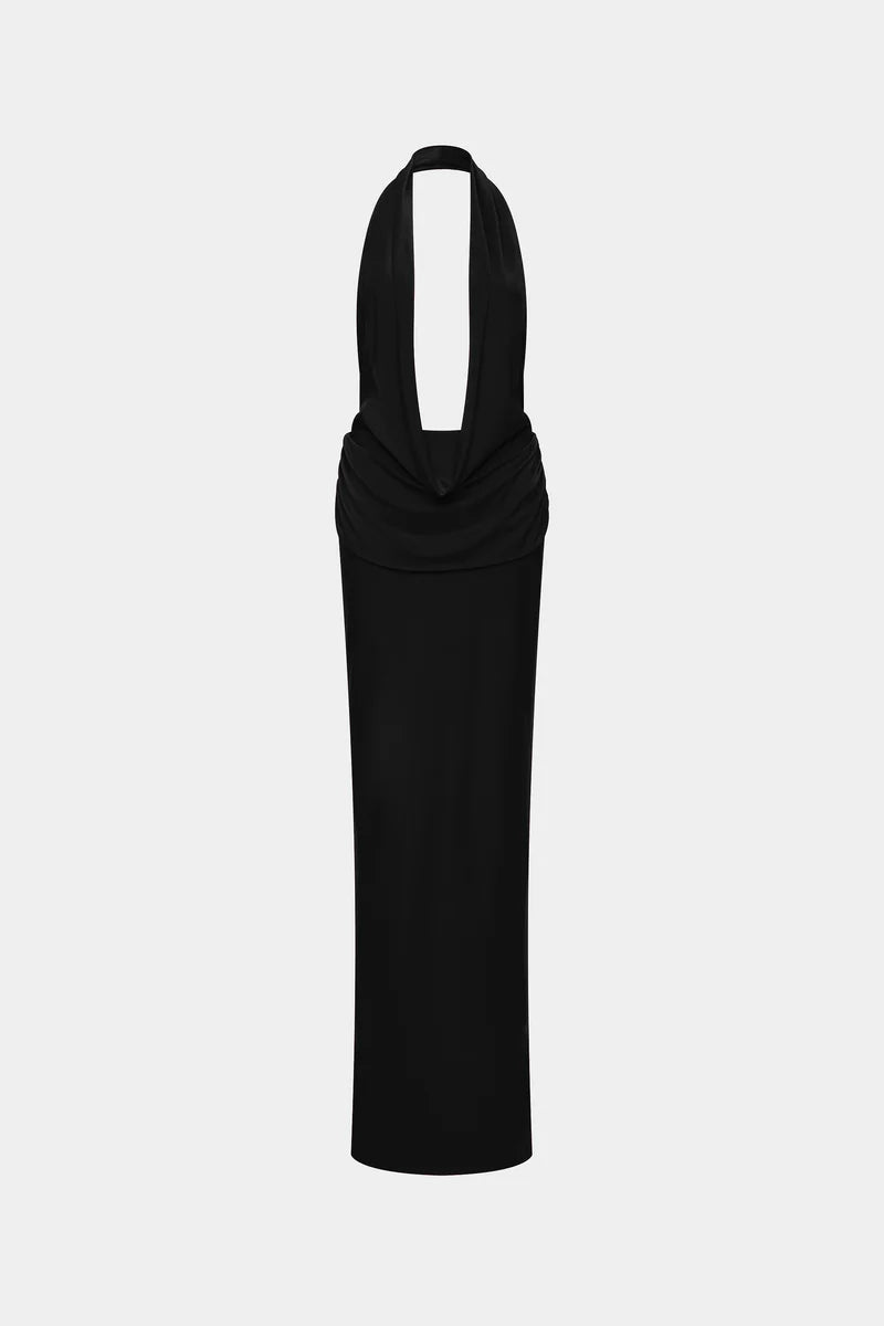Misha Collection Vanessa Jersey Dress Hire – jersey gown with plunging cowl neckline, ruched waist, and low open back.