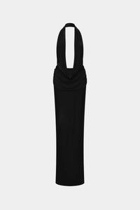 Misha Collection Vanessa Jersey Dress Hire – jersey gown with plunging cowl neckline, ruched waist, and low open back.