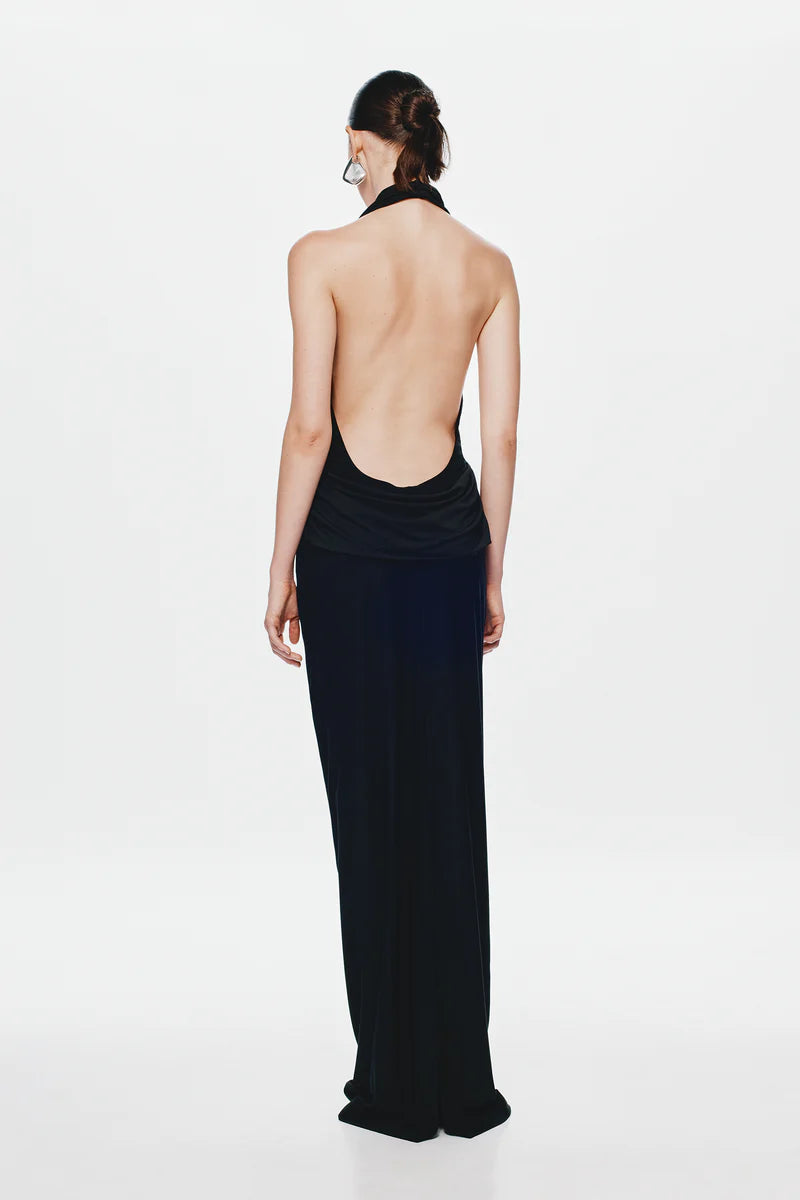 Misha Collection Vanessa Jersey Dress Hire – jersey gown with plunging cowl neckline, ruched waist, and low open back.