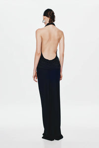 Misha Collection Vanessa Jersey Dress Hire – jersey gown with plunging cowl neckline, ruched waist, and low open back.