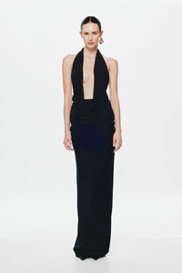 Misha Collection Vanessa Jersey Dress Hire – jersey gown with plunging cowl neckline, ruched waist, and low open back.