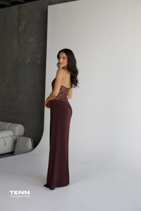 Natalie Rolt Sloane Espresso Dress For Hire – Sheer Lace And Chiffon Gown With Elegant Silhouette And Flowing Fabric.