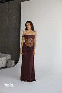 Natalie Rolt Sloane Espresso Dress For Hire – Sheer Lace And Chiffon Gown With Elegant Silhouette And Flowing Fabric.