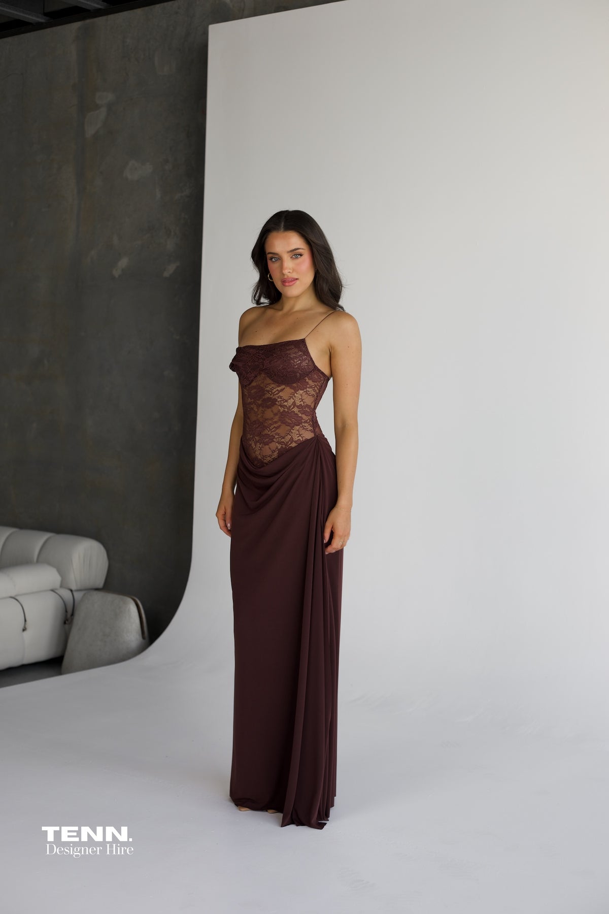Natalie Rolt Sloane Espresso Dress For Hire – Sheer Lace And Chiffon Gown With Elegant Silhouette And Flowing Fabric