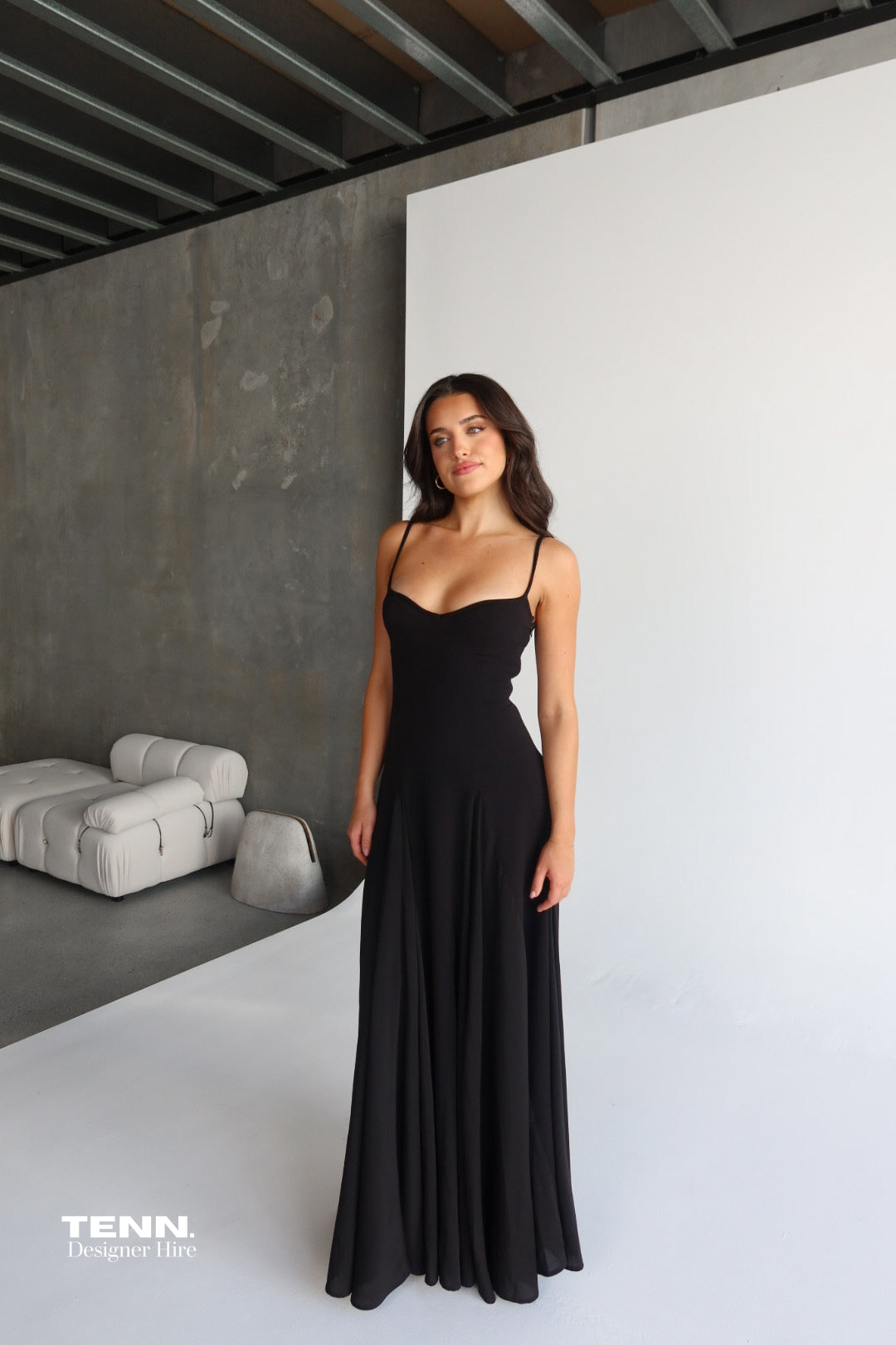 Paloma Formal Dress by Arcina Ori Hire in Black – Sweetheart Neckline, Fitted Bodice, and Flowing Skirt.