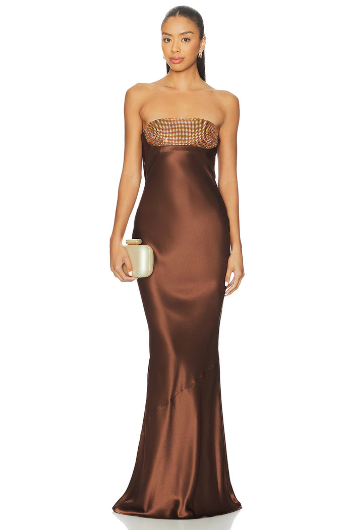 Retrofete Graziella Embellished Gown – gold strapless formal dress hire from TENN Designer Hire