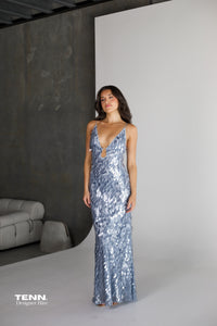 Sapphire Sequin Maxi Dress by Misha Collection Hire in Dove Grey – Plunging Neckline, Low Back, and Sparkling Sequins.