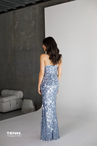 Sapphire Sequin Maxi Dress by Misha Collection Hire in Dove Grey – Plunging Neckline, and Sparkling Sequins.