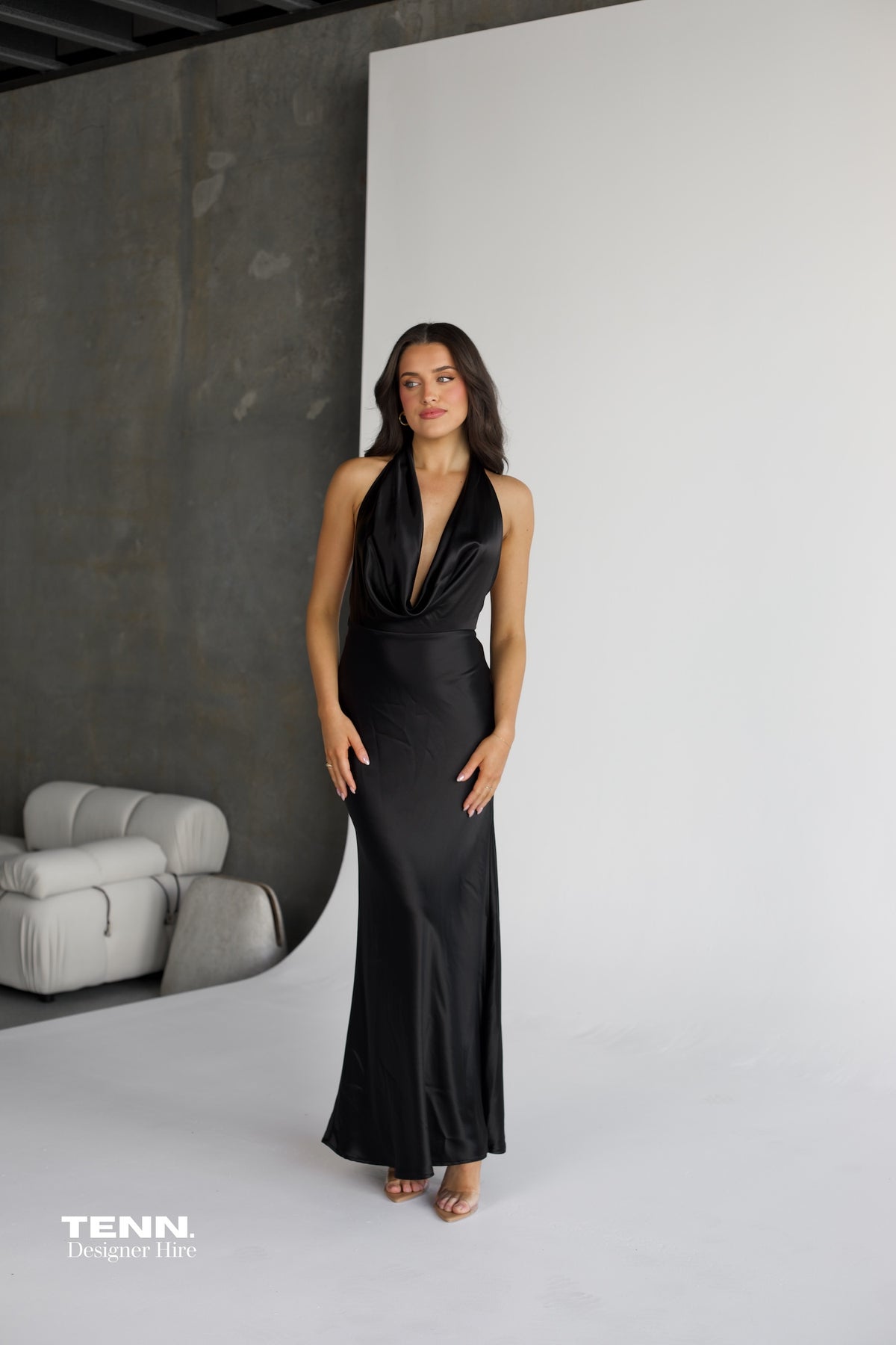 Sau Lee Pearl Satin Gown In Black For Hire – Heavy Satin Formal Dress With Cowl Neckline, Open Back, And Elegant Drape Detailing
