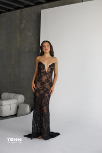 Self Portrait Embellished Sheer Lace Gown For Hire – Strapless Black Floral Lace Dress With Sweetheart Neckline, Crystal Details, And Corset Back