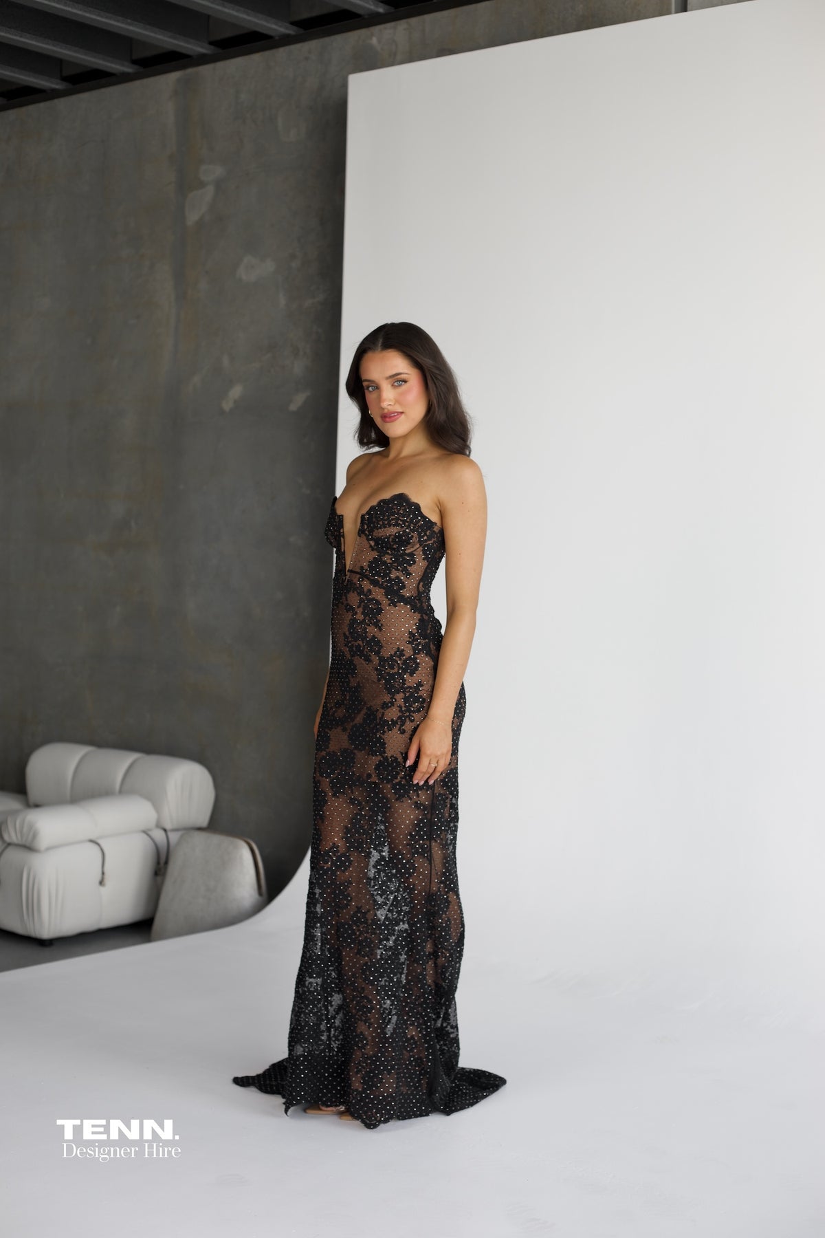 Self Portrait Embellished Sheer Lace Gown For Hire – Strapless Black Floral Lace Dress With Sweetheart Neckline, Crystal Details, And Corset Back
