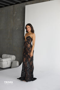 Self Portrait Embellished Sheer Lace Gown For Hire – Strapless Black Floral Lace Dress With Sweetheart Neckline, Crystal Details, And Corset Back
