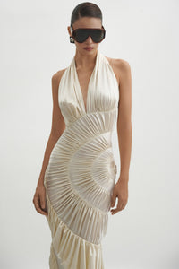 Datt Official Ammonite Dress available for hire at TENN Designer Hire — handcrafted spiral pattern gown featuring a versatile halter neckline and elegant pinched detailing