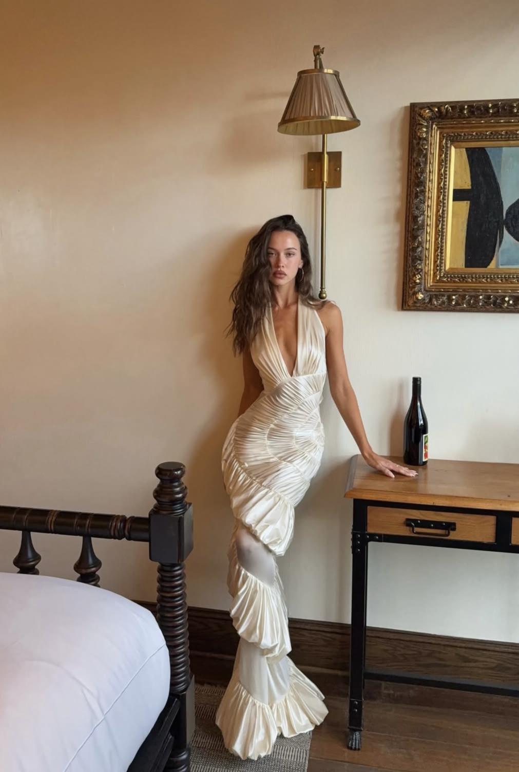 Datt Official Ammonite Ivory Dress available for hire at TENN Designer Hire — handcrafted gown with unique spiral pattern, versatile halter neckline, pinched detailing, as seen on Isabelle Mathers and Sopha Dopha.