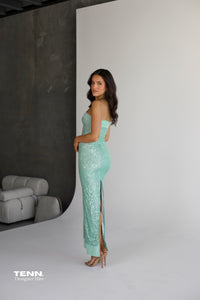 Fait Par Foutch Elizabeth Dress available for hire at TENN Designer Hire — strapless formal gown with figure-hugging silhouette, straight cut skirt with back split, fully lined soft nylon mesh, perfect for elegant events.