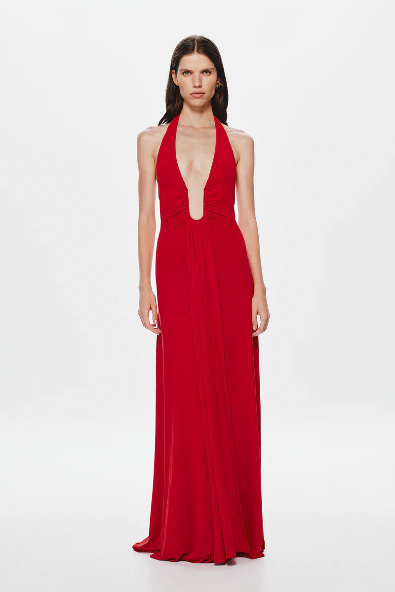 Misha Collection Jennifer Cupro Maxi Dress Hire – Plunging Halter Neckline with Gathering Detail in a Sleek Silhouette.