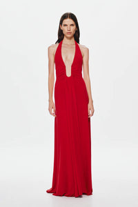 Misha Collection Jennifer Cupro Maxi Dress Hire – Plunging Halter Neckline with Gathering Detail in a Sleek Silhouette.