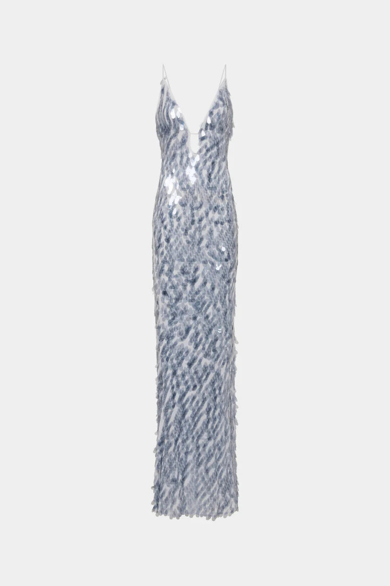 Misha Collection Sapphire Sequin Dress Maxi in Dove Grey with plunging neckline and low back - elegant evening gown with shimmering sequins.