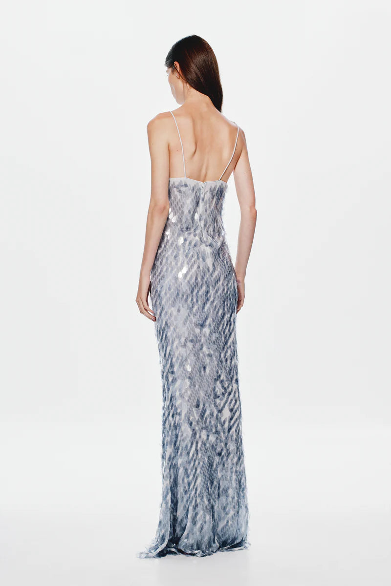 Misha Collection Sapphire Sequin Dress Maxi in Dove Grey with plunging neckline and low back - elegant evening gown with shimmering sequins.