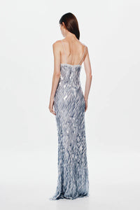 Misha Collection Sapphire Sequin Dress Maxi in Dove Grey with plunging neckline and low back - elegant evening gown with shimmering sequins.