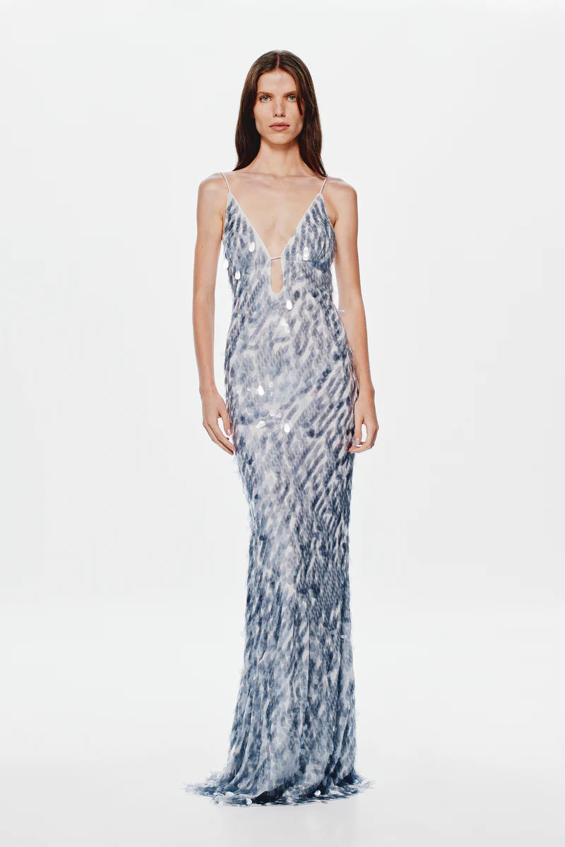 Misha Collection Sapphire Sequin Dress Maxi in Dove Grey with plunging neckline and low back - elegant evening gown with shimmering sequins.