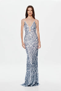 Misha Collection Sapphire Sequin Dress Maxi in Dove Grey with plunging neckline and low back - elegant evening gown with shimmering sequins.