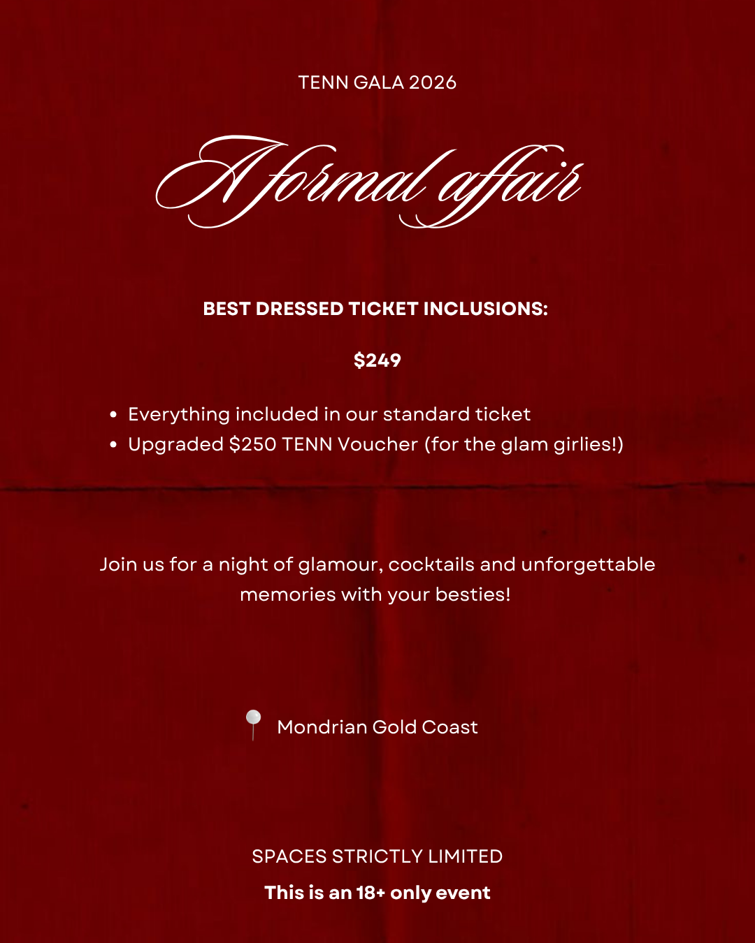 Promotional flyer for Tenn Gala 2026 with event details on a red background